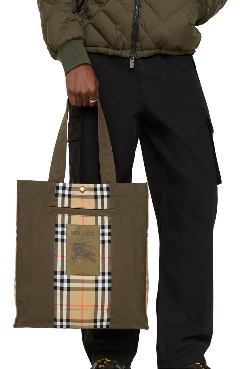 Burberry Check Trench Tote, Alternate, color, Military Green/Sand Beige