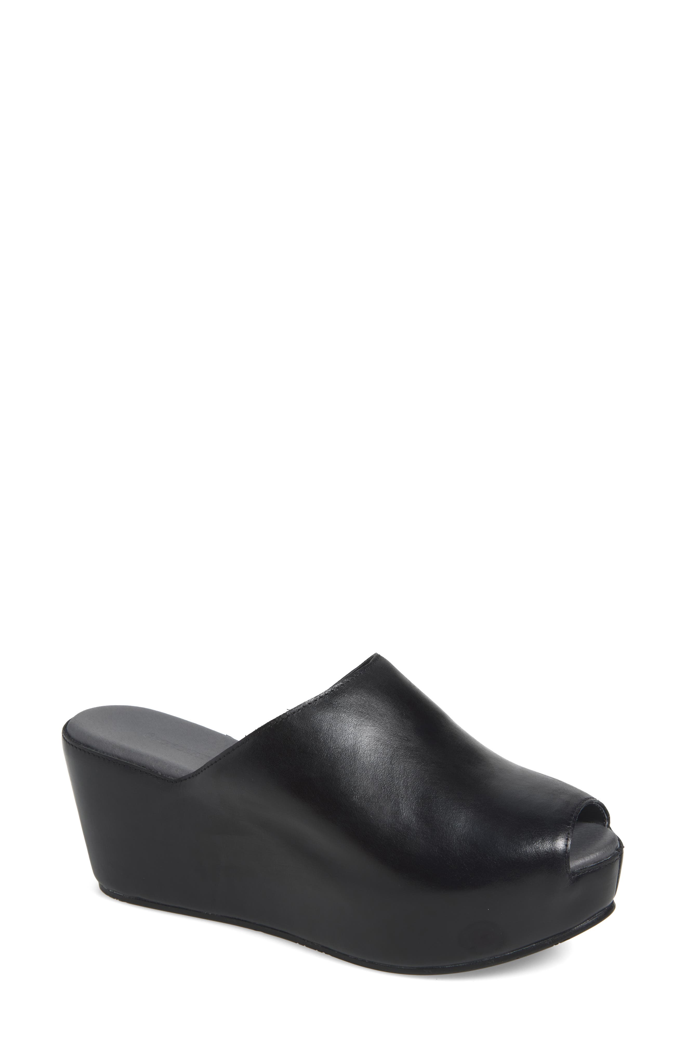 Waan Peep Toe Platform Wedge Mule, Main, color, BLACK LEATHER