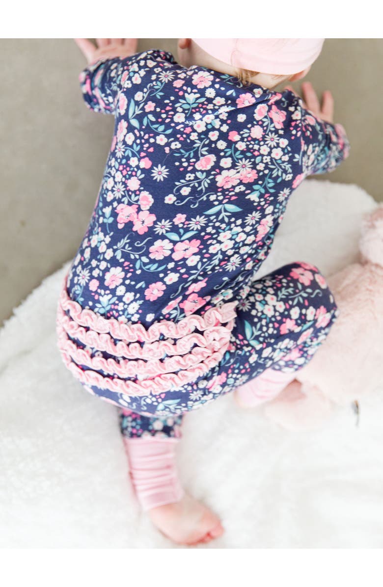 RuffleButts SoftSnooze Baby Girls Ruffle One Piece Convertible Pajamas, Alternate, color, Moonlit Meadow