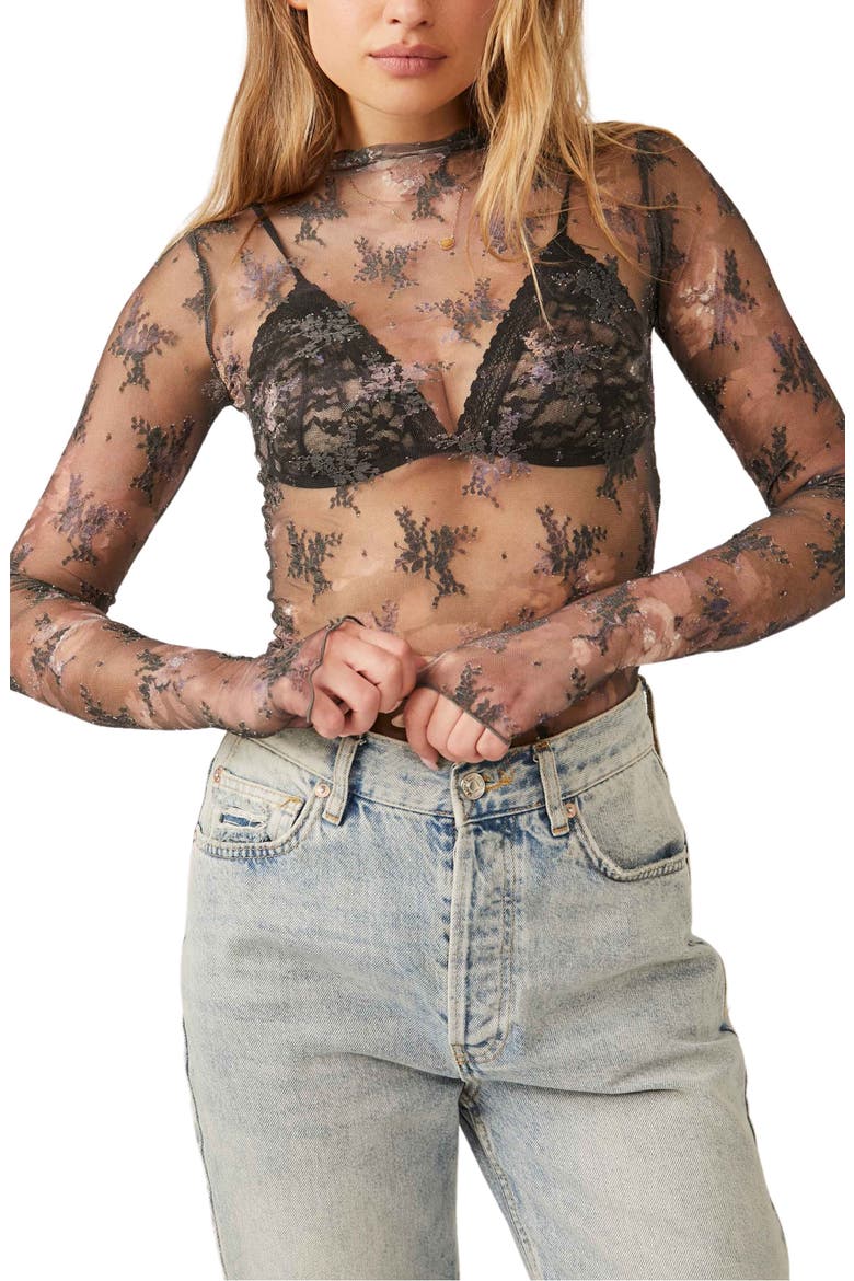 Printed Lady Sheer Embroidered Long Sleeve Top, Alternate, color, NIGHT SKY COMBO
