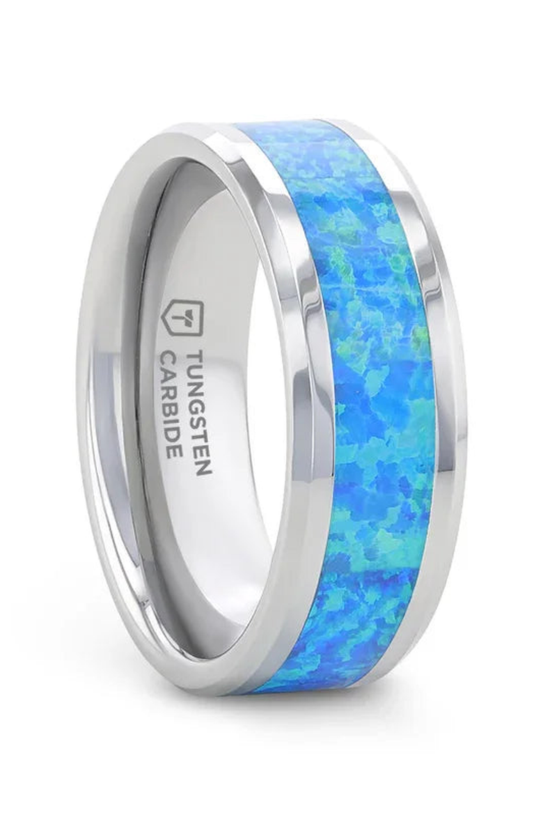 Quasar Tungsten Wedding Band With Opal Inlay, Main, color, Blue Green Opal 8mm