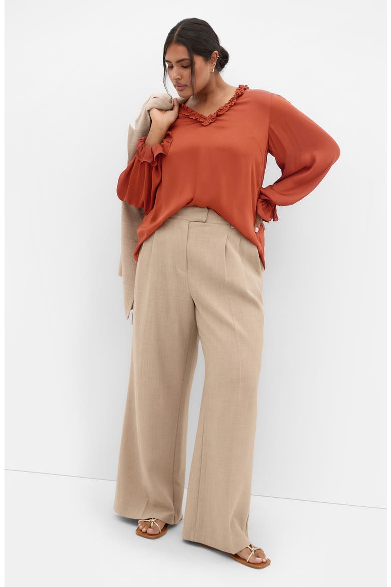 Maia Ruffle Fluted Sleeve Satin Top, Alternate, color, TOFFEE