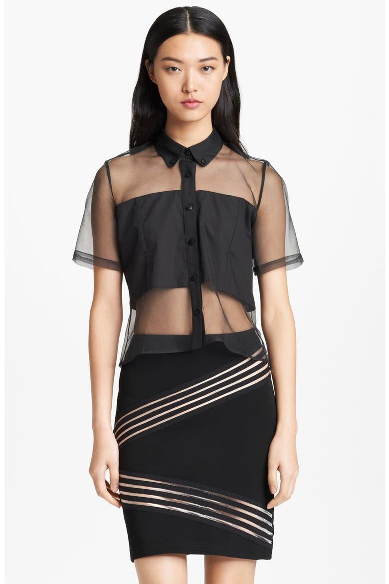 Sheer Button Front Shirt, Main, color, BLACK