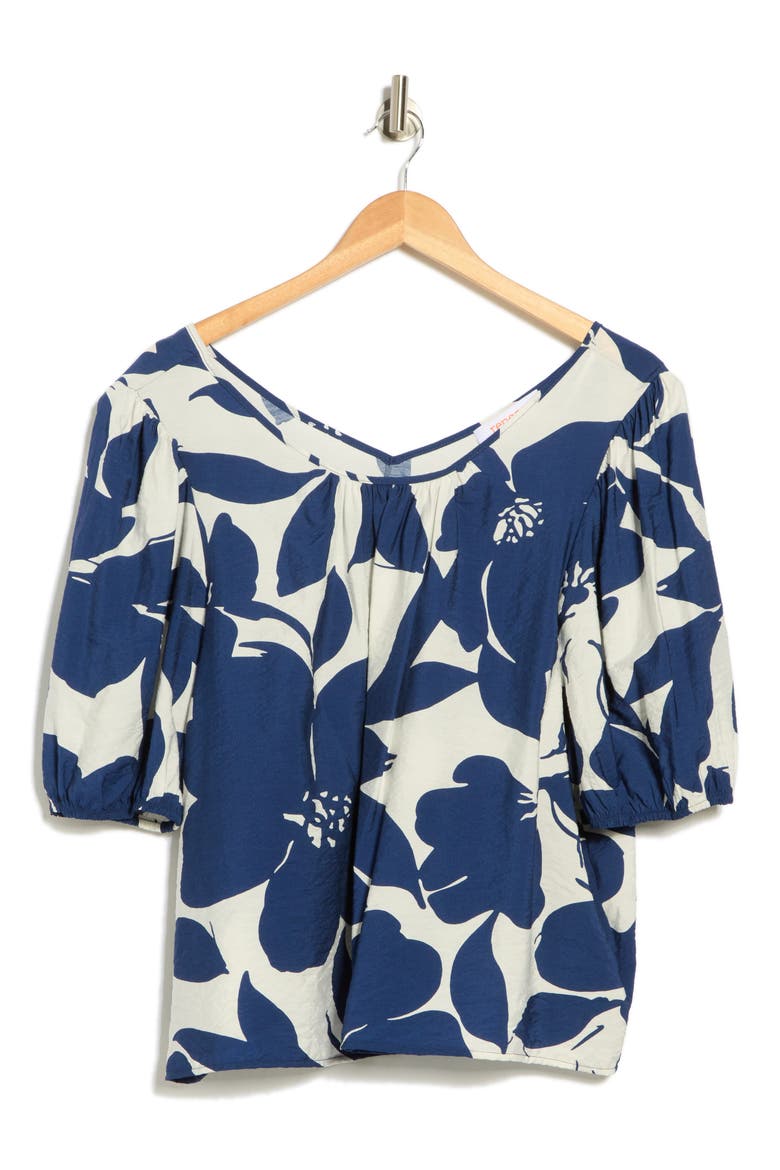 Floral Puff Sleeve Crop Top, Alternate, color, NAVY
