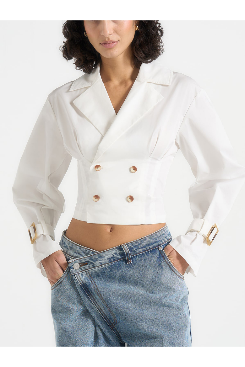 Andrea Double Breasted Cropped Shirt With Balloon Sleeves, Alternate, color, White