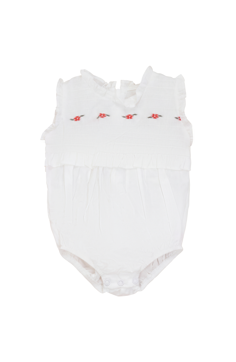 The Umbrella Academy Floral Ruffle Cotton Bubble Romper, Main, color, White/Red