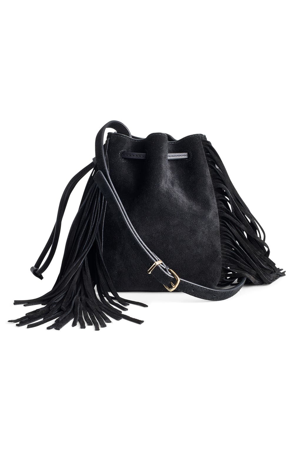 The Drawstring Suede Crossbody Bucket Bag, color, TRUE BLACK