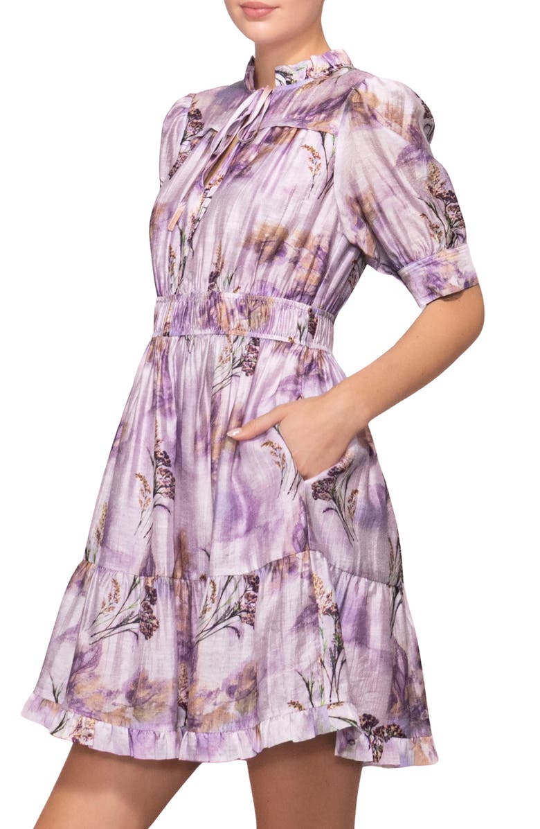 MELLODAY Printed Shirred Dress, Alternate, color, Lilac Multi