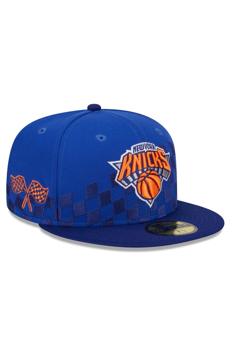 New Era Men's New Era Blue New York Knicks Rally Drive Checkerboard 59FIFTY Crown Fitted Hat, Main, color,