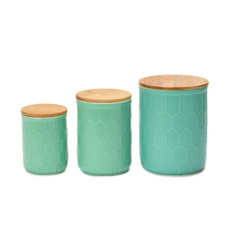 Farmhouse Stoneware Canisters with Honeycomb Design and wood Lids, Mint Green and Natural, Set of 3 Sizes