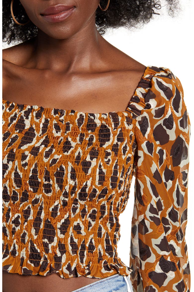 Smocked Jacquard Woven Crop Top, Alternate, color, LATTE