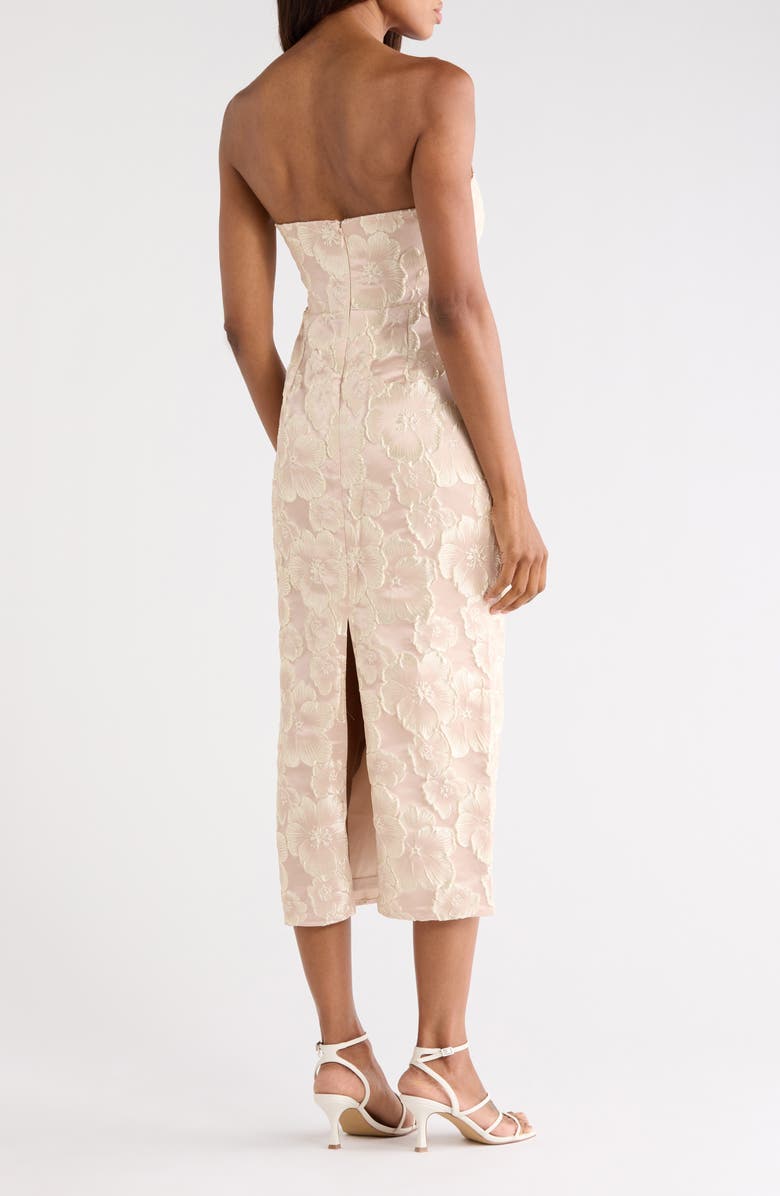 Lulus Isla Floral Jacquard Strapless Midi Dress, Alternate, color, Champagne