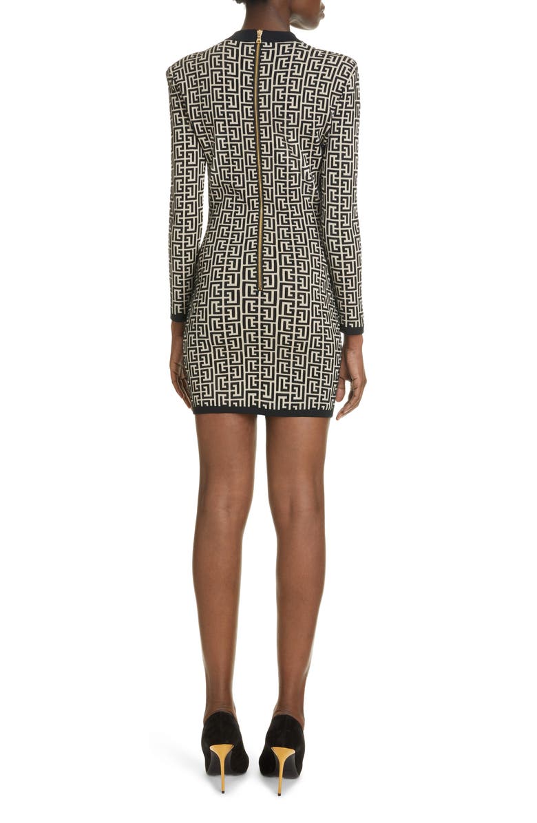 Balmain Monogram Jacquard Long Sleeve Jersey Minidress, Alternate, color,