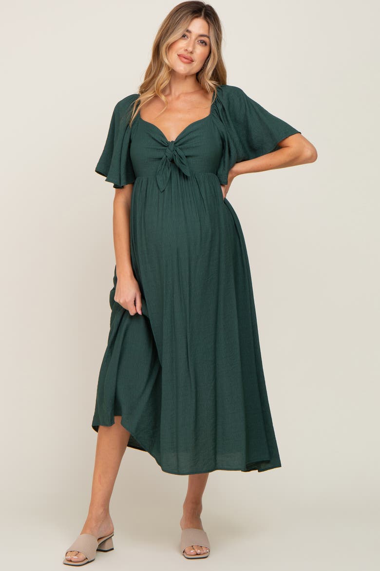 Front Tie Ruffle Sleeve Midi Dress, Alternate, color, Forest Green