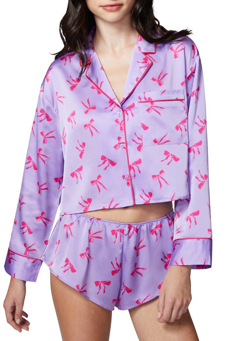 Satin Sleep Crop Pajama Top, Main, color, MILLIE LAV BOWS