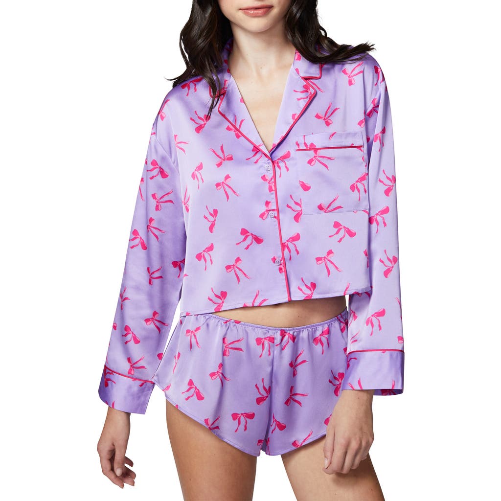 Florence By Mills Satin Sleep Crop Pajama Top In Millie Lavender Bows