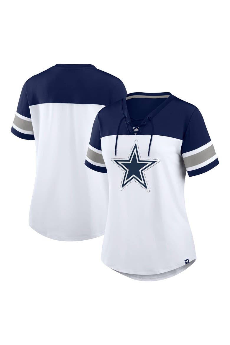 Women's Fanatics White/Navy Dallas Cowboys Athena Rhinestone Lace-Up V-Neck T-Shirt, Alternate, color, White