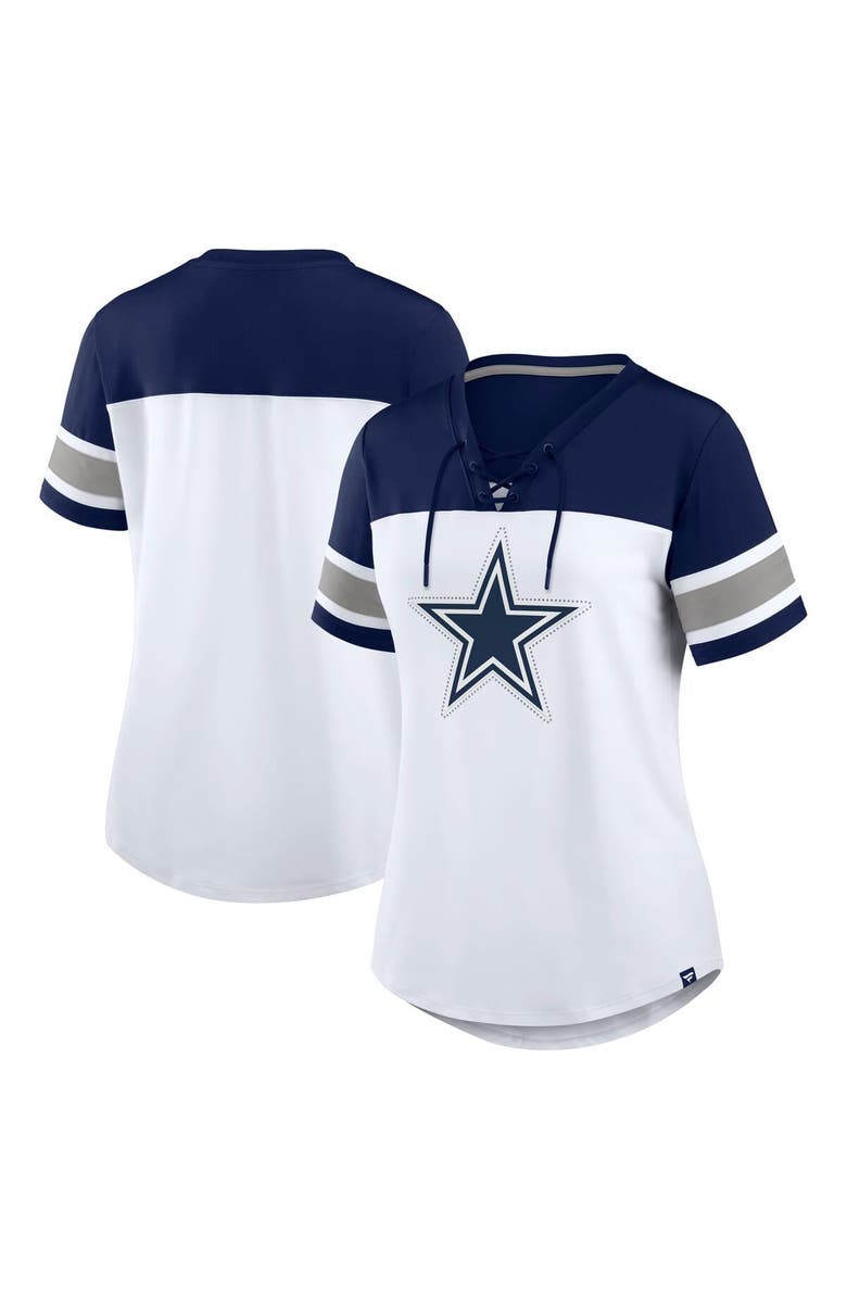 FANATICS Women's Fanatics White/Navy Dallas Cowboys Athena Rhinestone Lace-Up V-Neck T-Shirt, Alternate, color, White