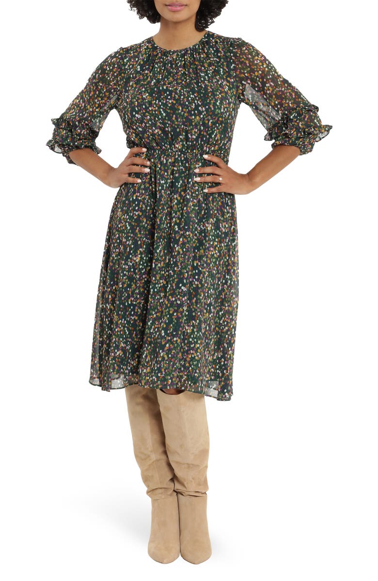 London Times Printed Ruched Jewel Neck Ruffle Bishop Sleeve Midi Dress, Main, color, 