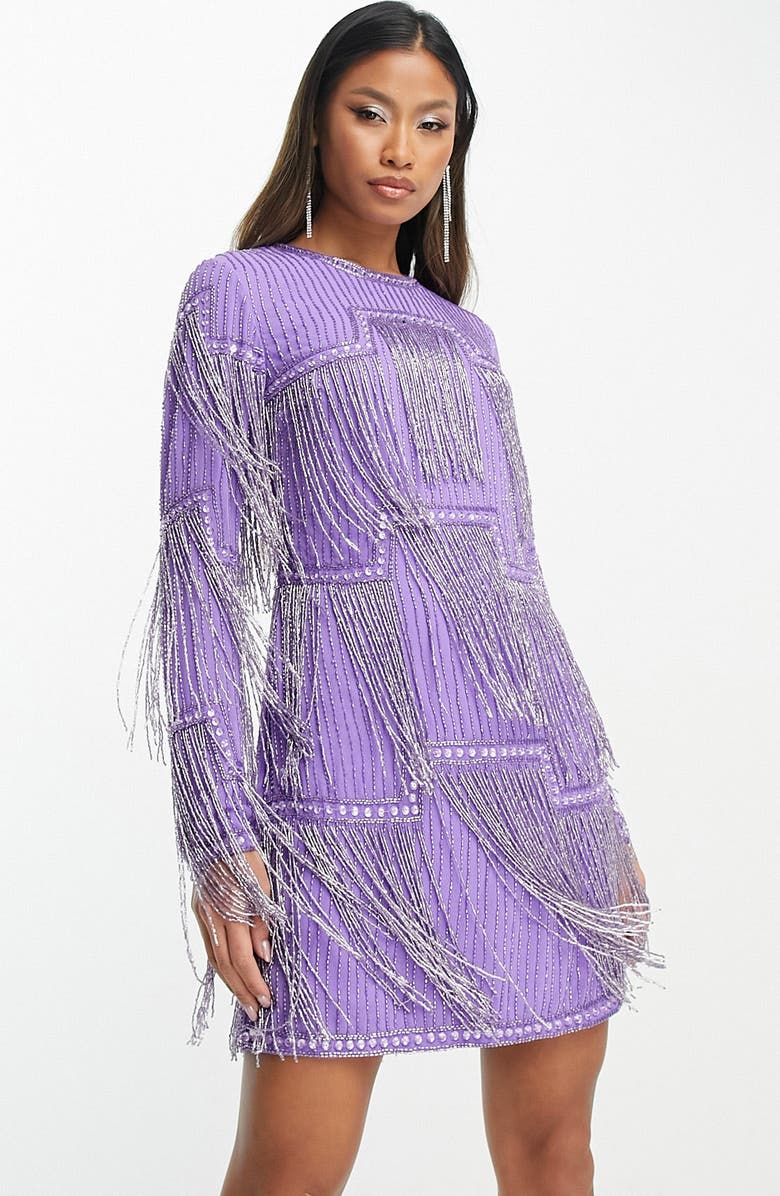 ASOS DESIGN Beaded Fringe Long Sleeve Minidress, Alternate, color,