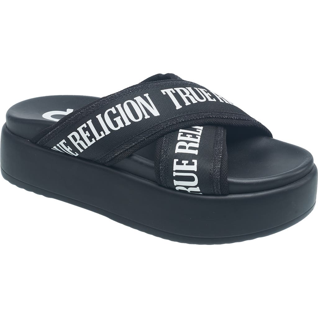 True Religion Alia Cross Strap Slip On Platform Sandal In Black
