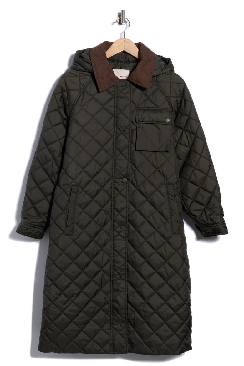 Hooded Long Quilted Coat with Corduroy Collar, Main, color, DK MOSS