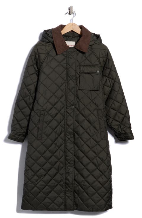 Hooded Long Quilted Coat with Corduroy Collar