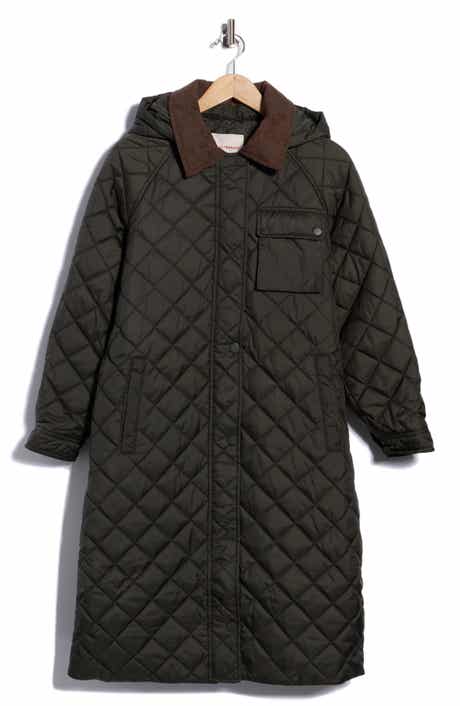 Hooded Long Quilted Coat with Corduroy Collar