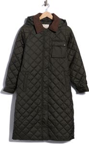 Lucky Brand Hooded Long Quilted Coat with Corduroy Collar