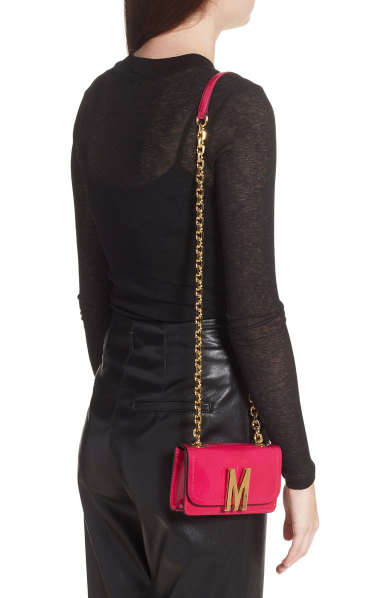 Moschino Mini M Logo Patent Leather Shoulder Bag, Alternate, color,