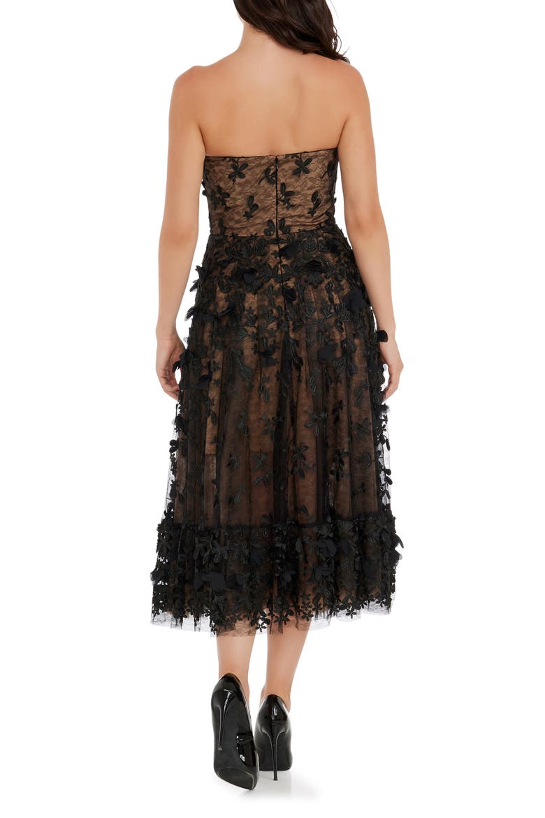 Kailyn Floral Appliqué Strapless Midi Dress, Alternate, color, BLACK-BEIGE