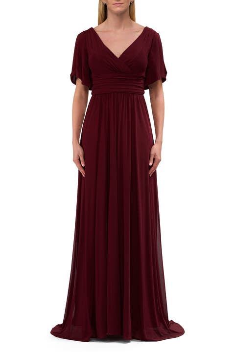 Flattering Net Jersey Long Dress with Ruffle Sleeve
