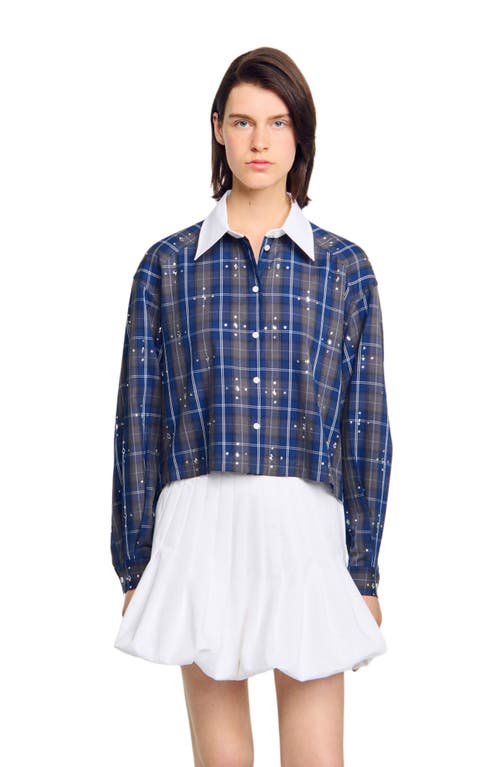 Sandro Womens Blue Rhinestone-embellished Relaxed-fit Checked Cotton Shirt In Blue