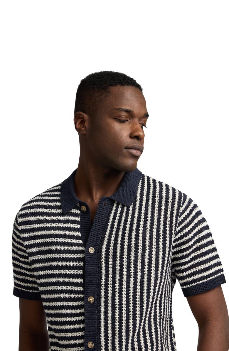 Onia Knit Linen Button Up Short Sleeve, Alternate, color, Midnight/Egret