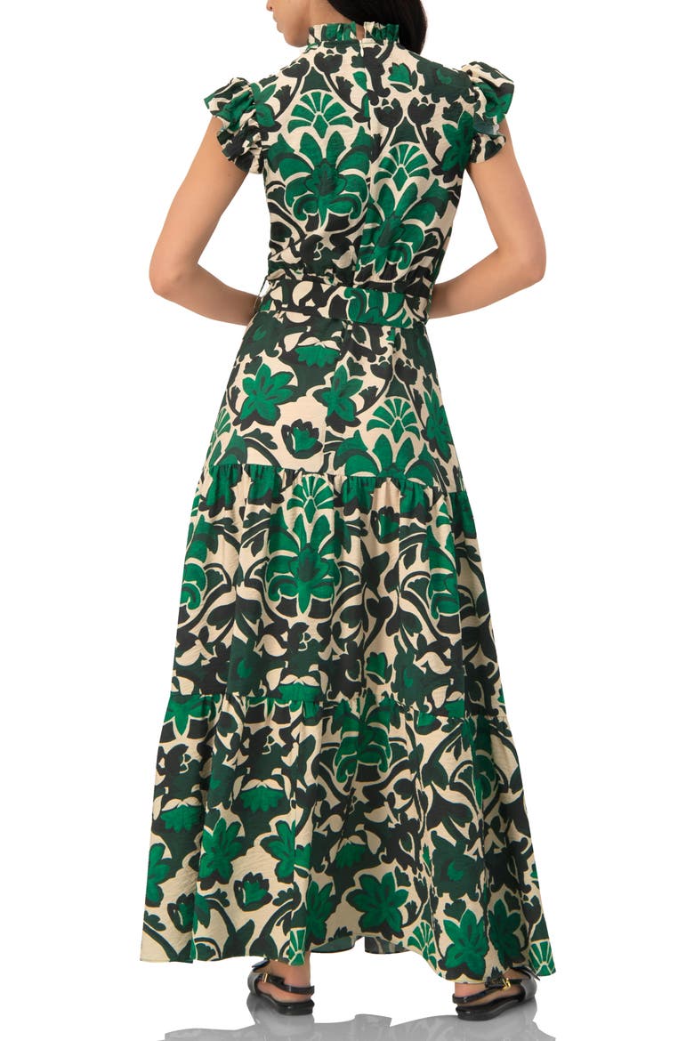 Printed Ruffle-Sleeve Maxi Dress with Tie Waist, Alternate, color, Green