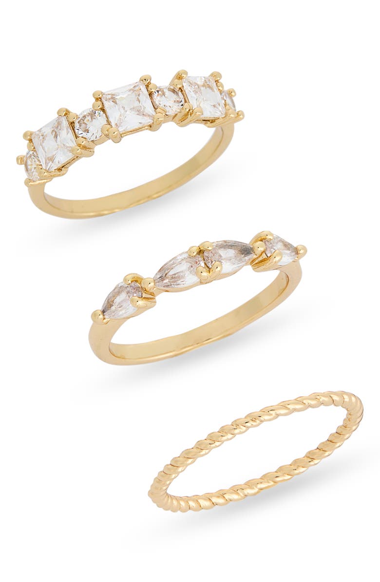 NORDSTROM RACK Set of 3 Cubic Zirconia Stackable Band Rings, Main, color, Clear- Gold