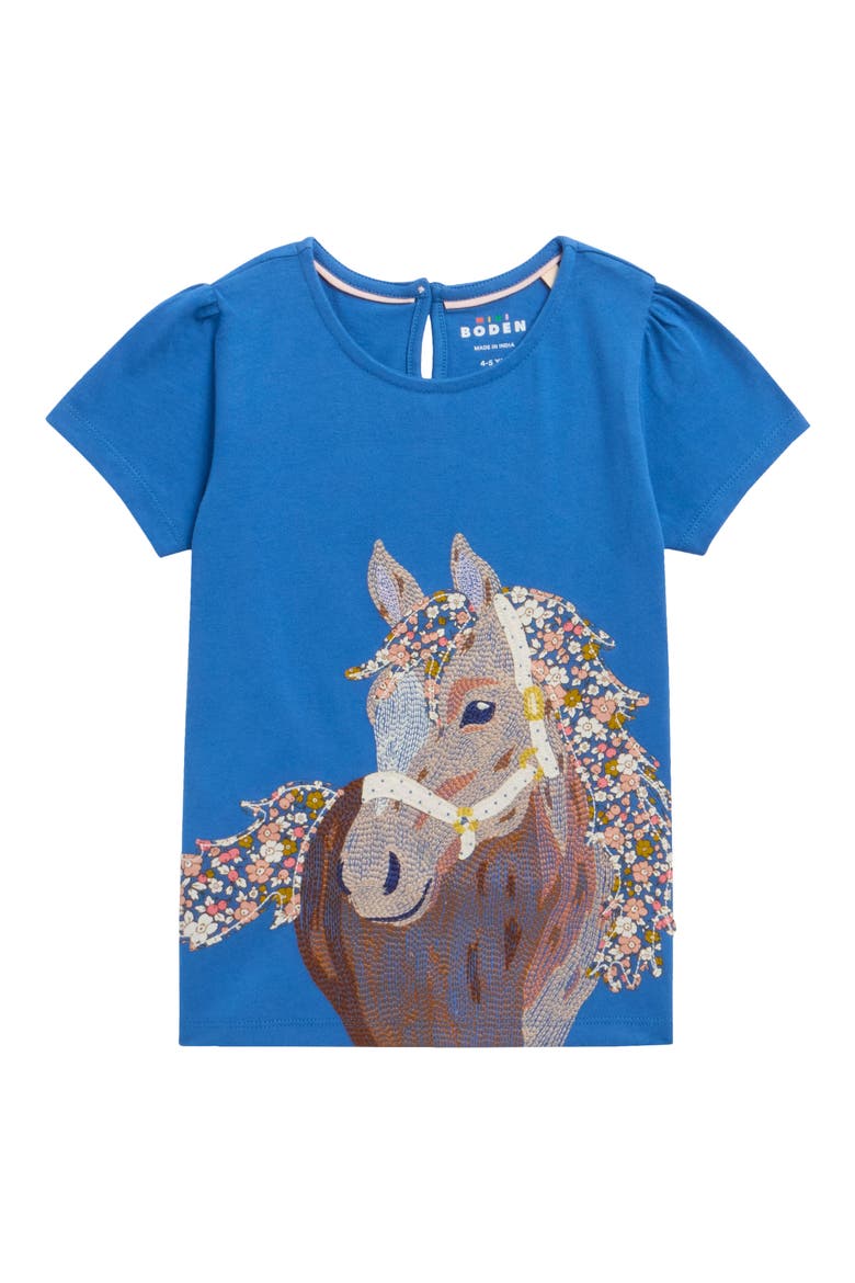 Kids' Embroidered Horse Appliqué Puff Sleeve Top, Main, color, DELFT