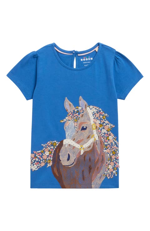 Kids' Embroidered Horse Appliqué Puff Sleeve Top