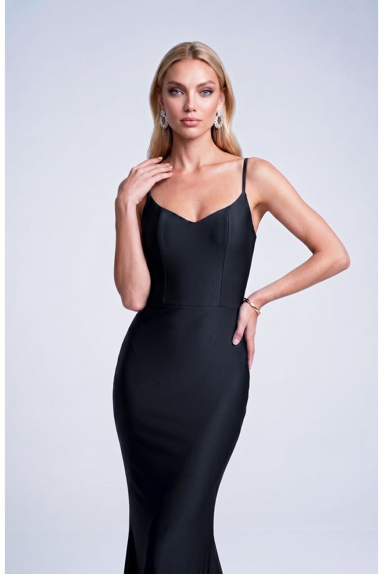 Open Back Pleated Sweetheart Mermaid Gown, Alternate, color, Black