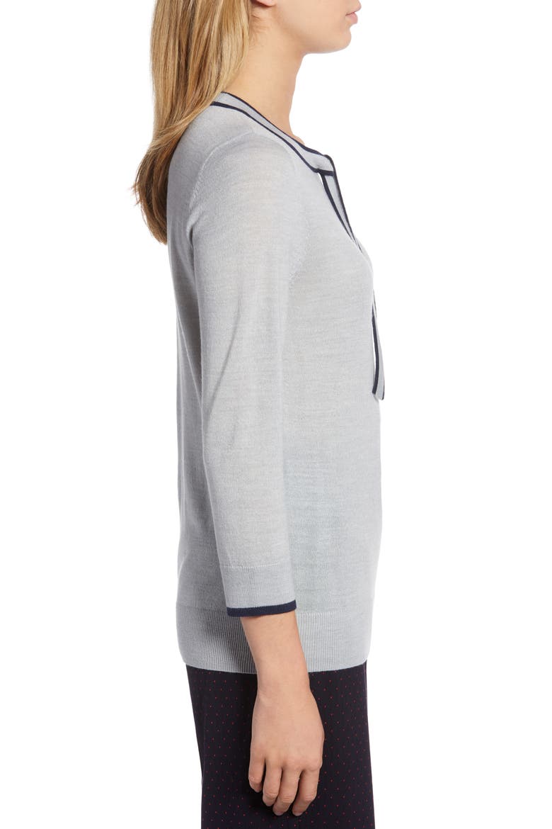 Tipped Tie Neck Wool Blend Sweater, Alternate, color, GREY HEATHER- NAVY