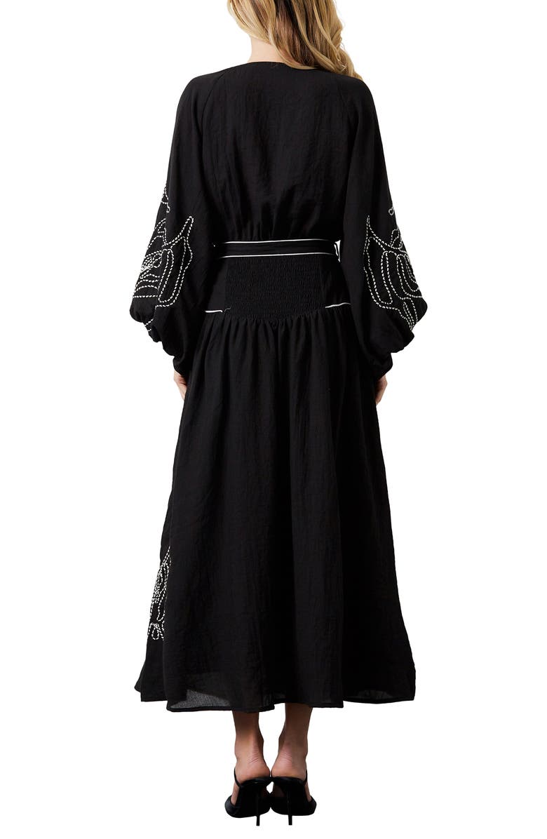 CIEBON Faye Embroidered Tie Waist Long Sleeve Maxi Dress, Alternate, color, Black