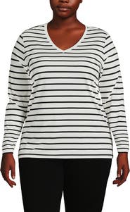 Lands' End Plus Size Relaxed Supima Cotton Long Sleeve V-Neck T-Shirt