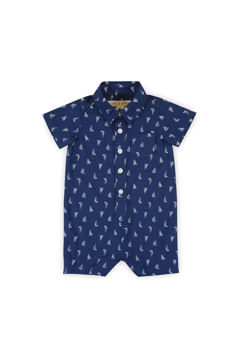 Baby Seersucker Button Front Romper, Infant, Main, color, Blue Sailboats Seersucker