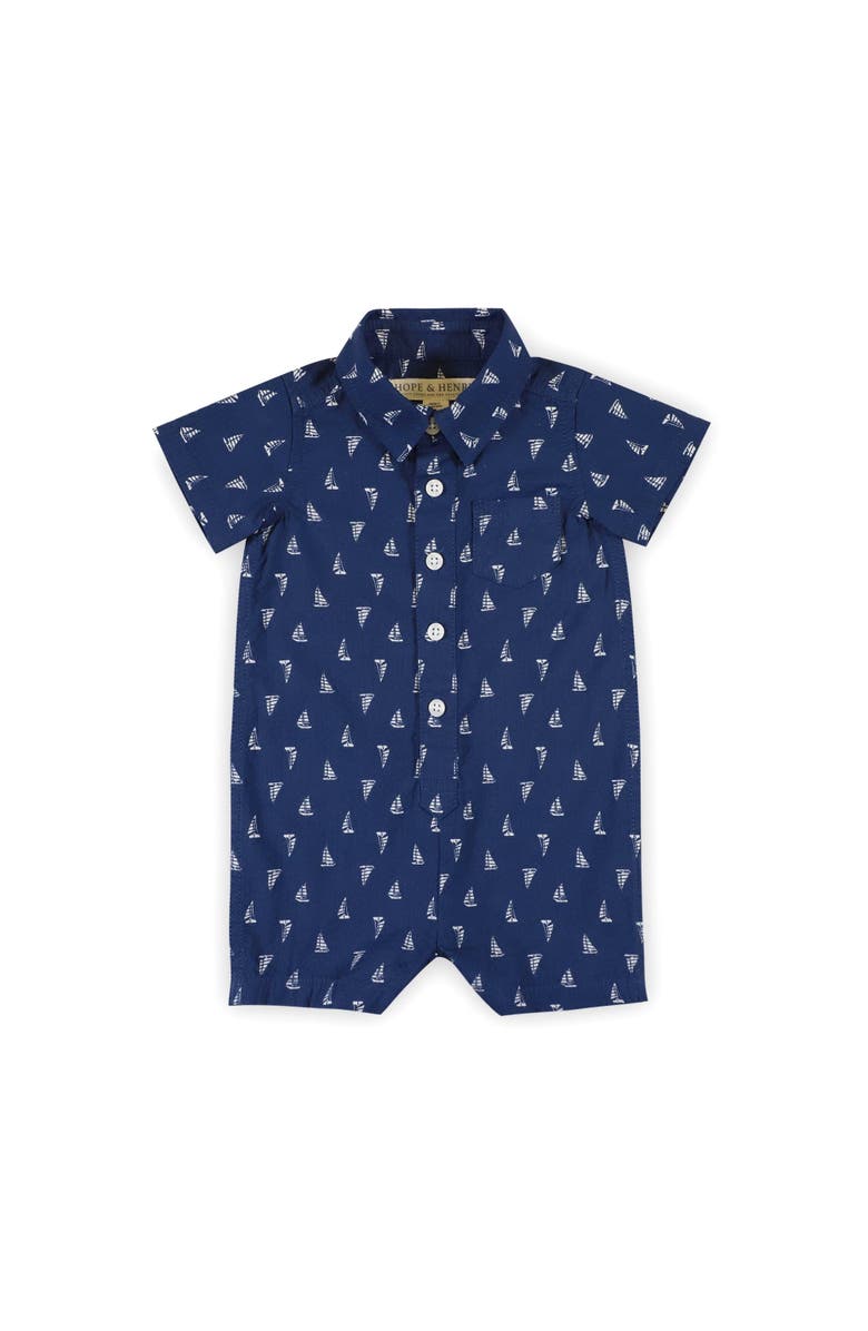 Hope & Henry Baby Seersucker Button Front Romper, Infant, Main, color, Blue Sailboats Seersucker