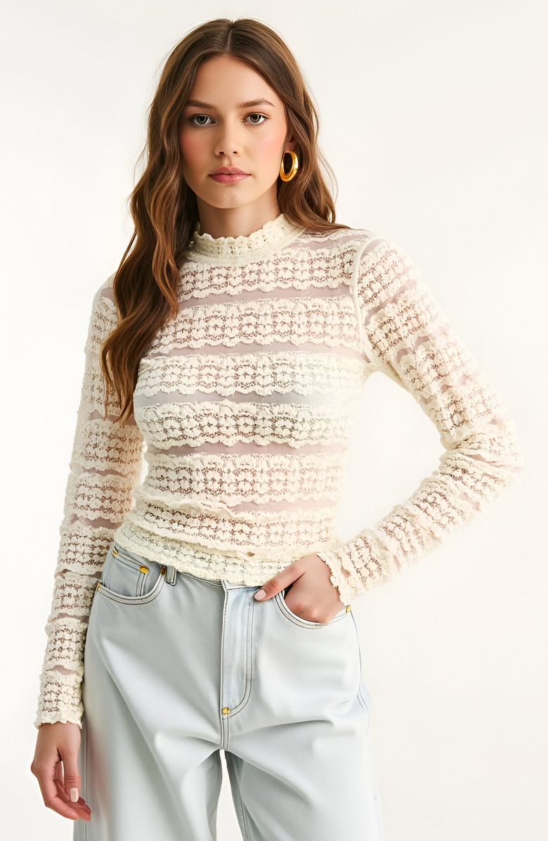 Modenaire Sheer Lace Long Sleeve Top with Scalloped Mock Neck, Main, color, Off-White