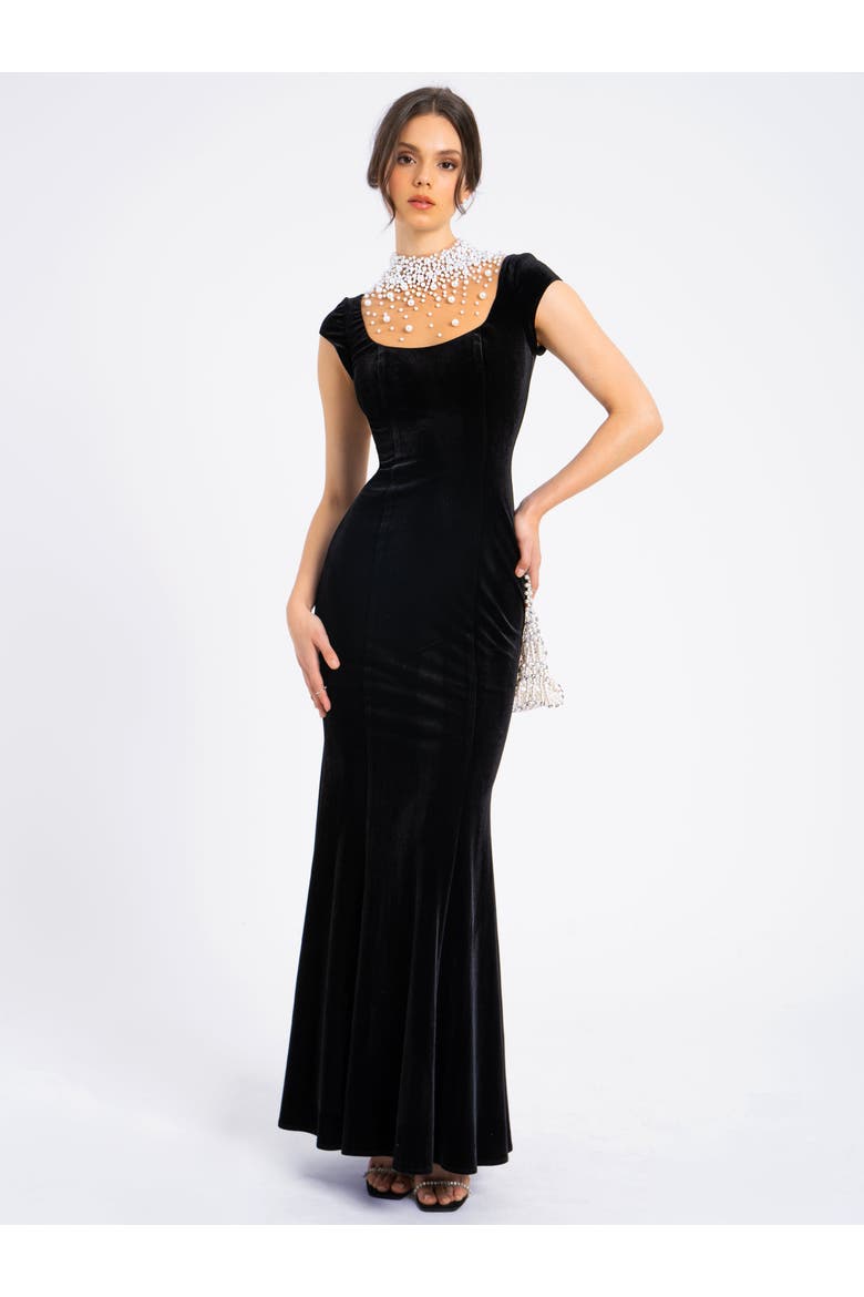 Rachael Velvet Pearl Embellished Gown, Alternate, color, Black