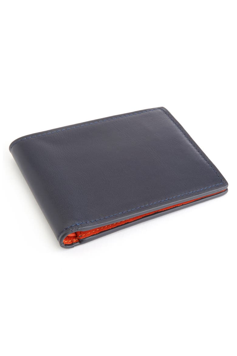 RFID Leather Trifold Wallet, Alternate, color, NAVY/ ORANGE