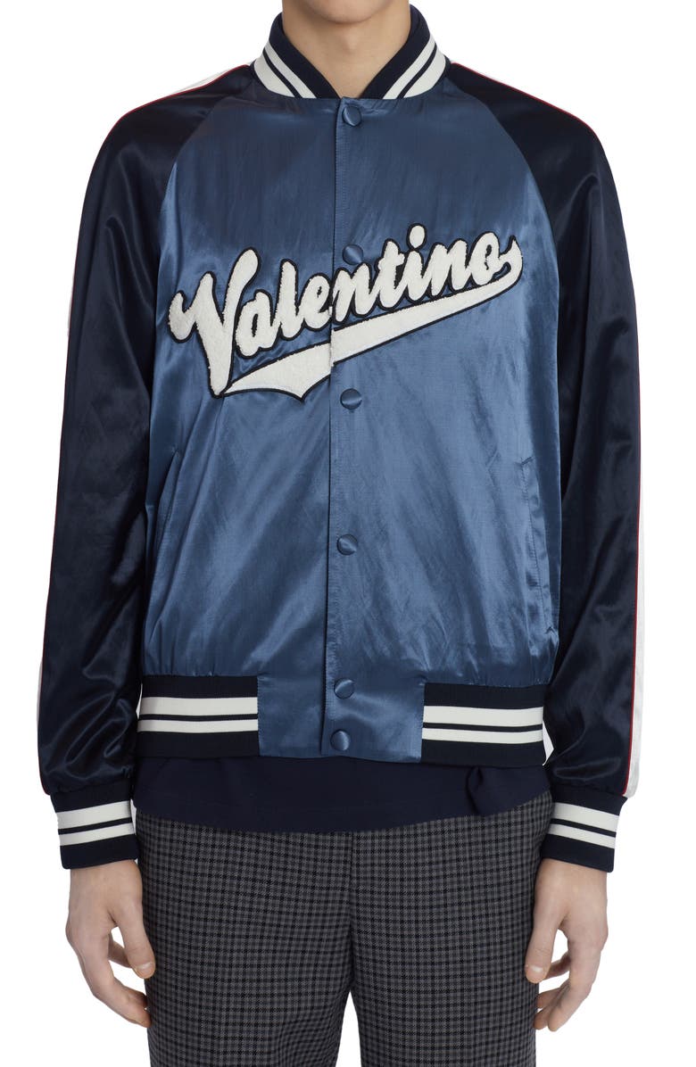 Valentino Garavani Embroidered Logo Satin Bomber Jacket, Main, color,