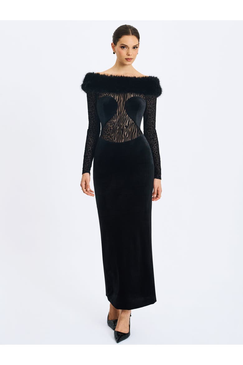 Alexis Faux Fur Boatneck Maxi Dress, Alternate, color, Black