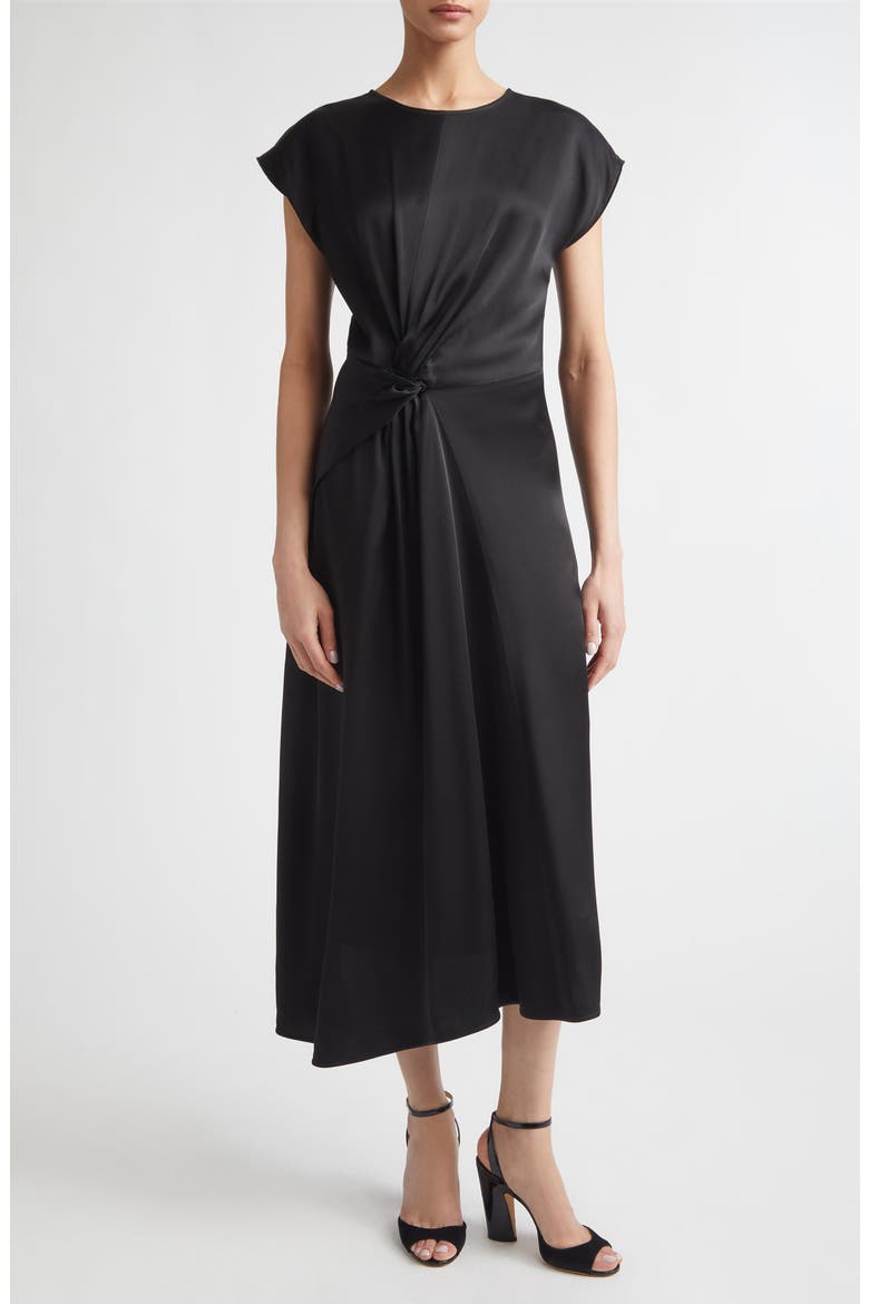 Aria Twist Waist Asymmetric Midi Dress, Main, color, BLACK